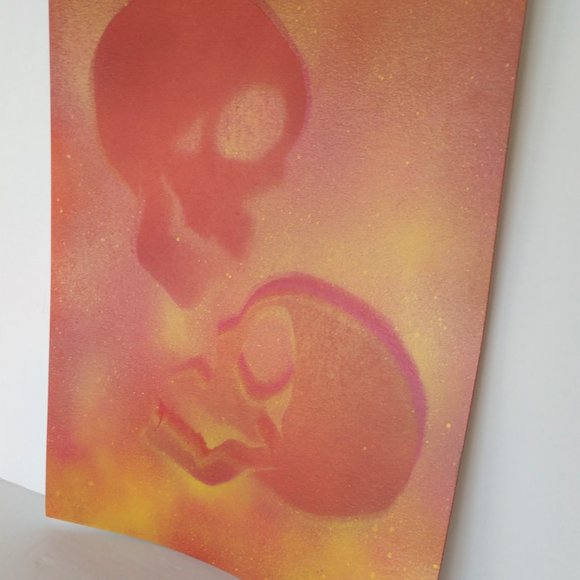 Abstract Floating Skulls Art 15x11 Yellow Orange Hand Crafted - Picture 6 of 16